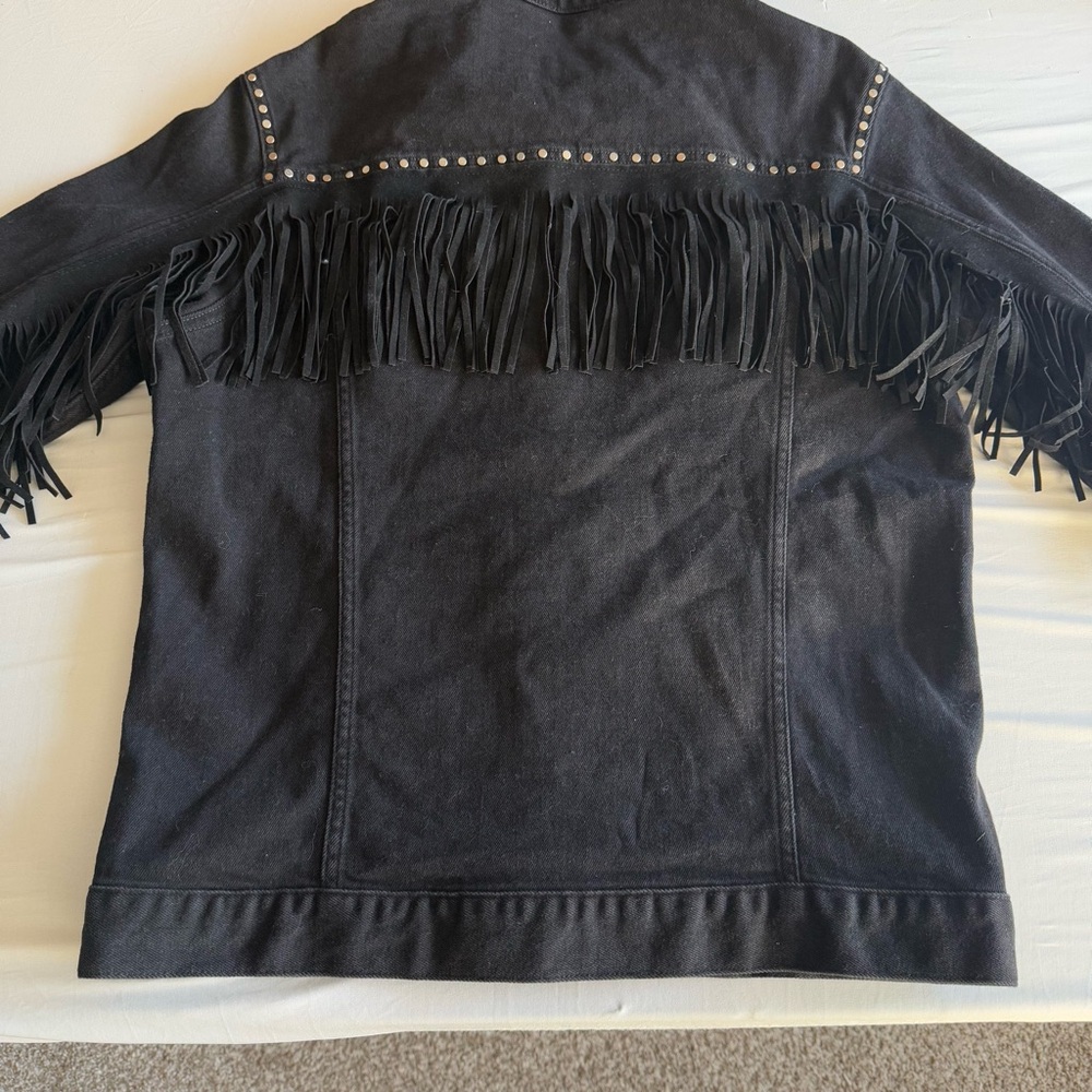 Zara Man Faux Suede Fringe Studded Black Denim Jacket Pockets Button Up Size L - Picture 11 of 16